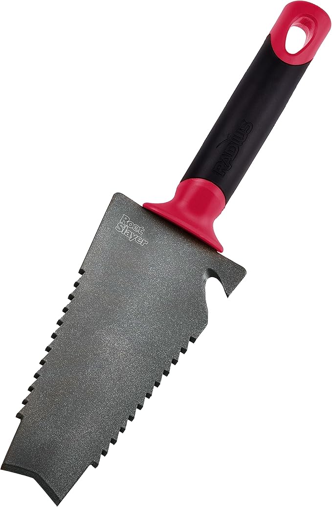 Root Slayer 16011 Garden Trowel with Serrated Blade for Digging and Root Cutting, Heavy Duty Steel Hand Tool, Red