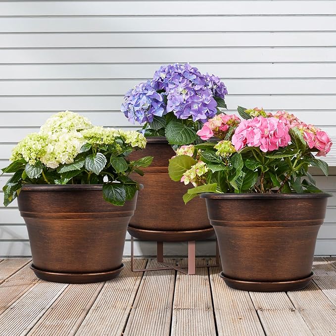 10 Inch Planters Plant Pots Indoor Outdoor, 4 Pack Plastic Flower Pot for Indoor Plants with Drainage Holes & Trays, Resin Decorative Container Sets with Saucer for House Garden Copper