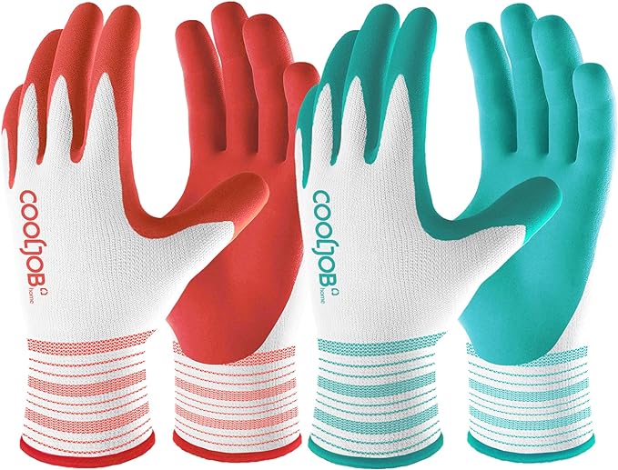 COOLJOB 6 Pairs Gardening Gloves for Women Ladies, Breathable Rubber Coated for Yard Garden, Outdoor Indoor Protective Work with Grip, Large Size, Red & Green
