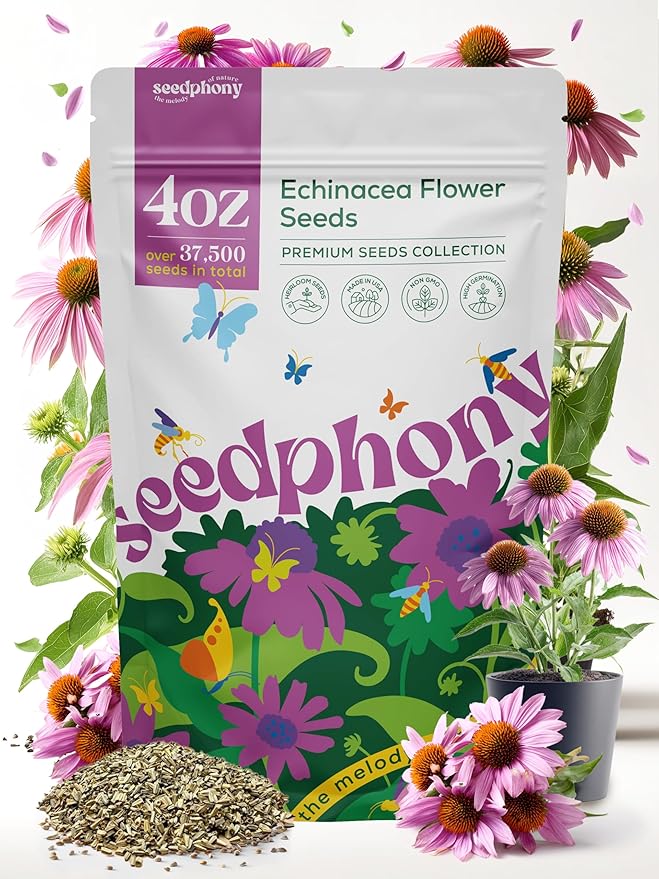 Seedphony Echinacea Seed Pack 4 oz - 37,500 Non-GMO Heirloom Echinacea Seeds for Planting, Perennial Flowers in Waterproof Seed Packet, Coneflower Seeds for Planting Garden Indoor & Outdoor Gardening