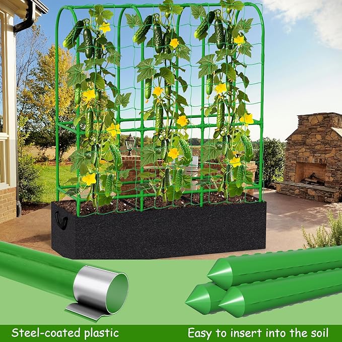 65"H x 50"W Cucumber Trellis with Grow Bag & Netting, U-Frame Metal Plant Support, Heavy-Duty Steel & Plastic, Green & Black, Rectangular, Climbing Plant Support Structure