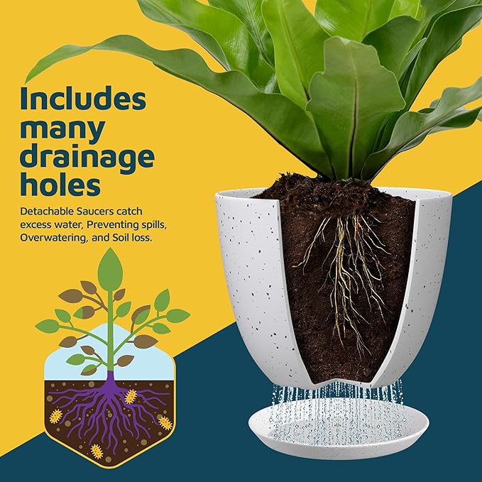 White Gray Plant Pots with Drainage Holes & Saucers 20 Pack, Indoor & Outdoor Stackable Space-Saving Planters for Houseplants & Flowers, (7", 6.7", 6", 5.3", and 4.8" Inches), Durable & Weatherproof