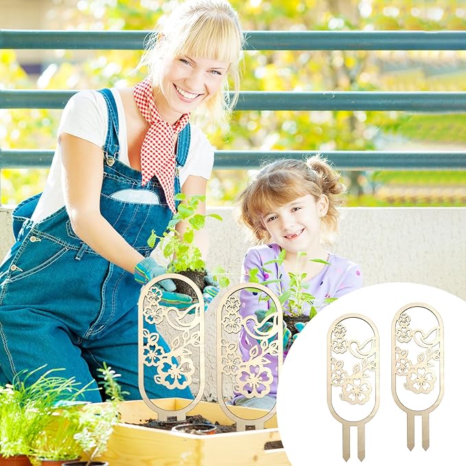 SNAIL GARDEN 2Pcs Small Trellis for Indoor Plants with Bird and Flower Pattern,Wooden Indoor Plant Trellis for Climbing Plants with 100Pcs Green Cable Zip Ties,House Plant Trellis for Potted Plants