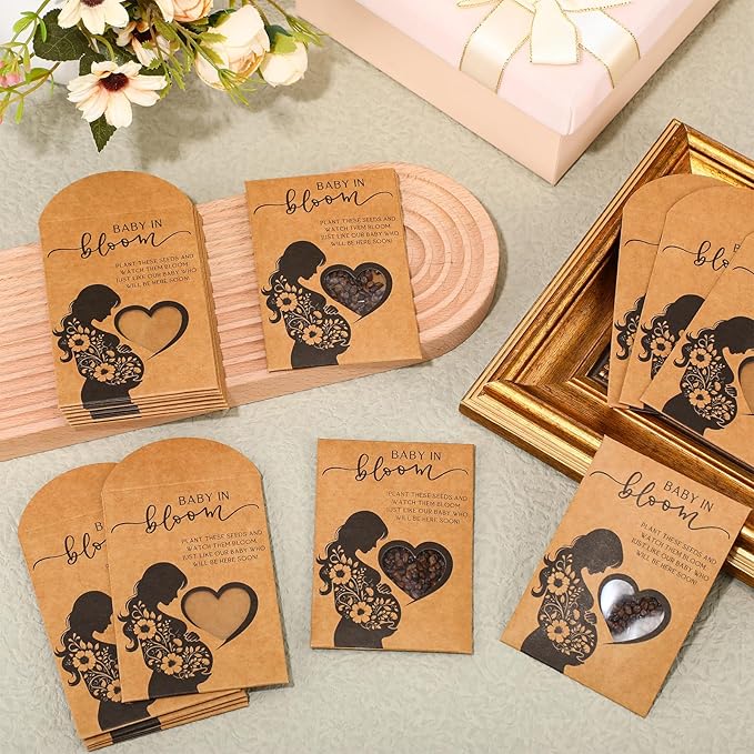 Fumete 50 Pack Baby in Bloom Seed Packets Baby Shower Party Favor for Guest Envelopes Kraft with Clear Window Resealable Seed Organizer Storage Bag for Gender Reveal Party, No Seeds(Mom Flower)