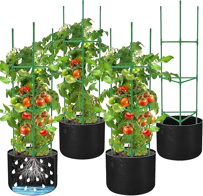 4 Packs 47 x 12 Inch Garden Tomato Cages with Grow Bags- Triangle Plant Support Trellis Assembled with Planter Bags- Garden Cucumber Vegetables Frames for Vertical Climbing Plants