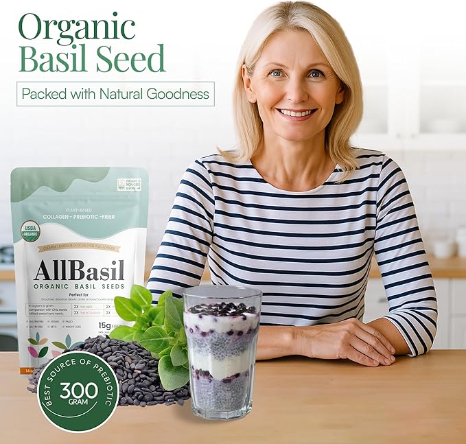 Seeds 14oz, USDA Organic Edible Basil Seeds Superfood Rich in Fiber, Healthy Fats, & Minerals, Support Weight Loss, Blood Sugar Balance, Gut Health—Ideal for Smoothies, Juices & Desserts.