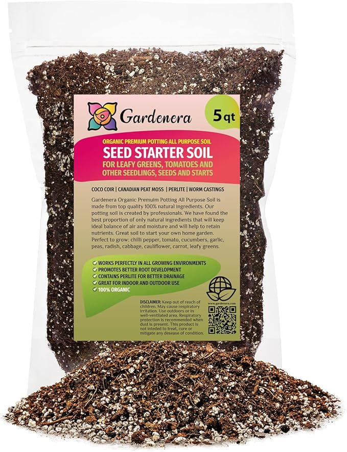 Premium Organic Potting All Purpose Soil - 5 Quart - Seed Starter Soil for Leafy Greens, Tomatoes and Other Seedlings, Seeds and Starts by Gardenera