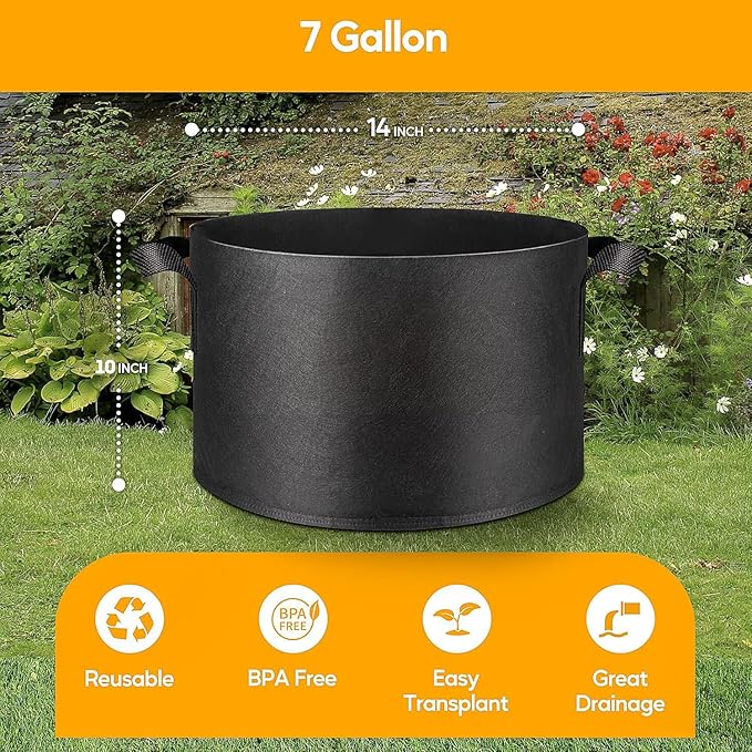 Simple Deluxe Grow Bags 7 Gallon 5 Pack Planter Pots with Handles, Thickened Nonwoven Fabric Aeration Cloth Bag, Heavy Duty Gardening for Tomoato, Potato, Vegetable, Herbs and Flowers, Black