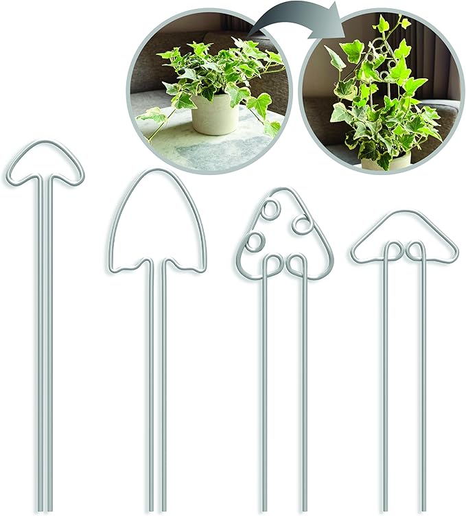 Small Metal Trellis for Indoor Plants Metal Plant Stake for Climbing House Plants Plant Support for Potted Plants Orchids, Monstera, Pothos, Ivy, Hoya Set of 4 Mushrooms (Simply Silver)