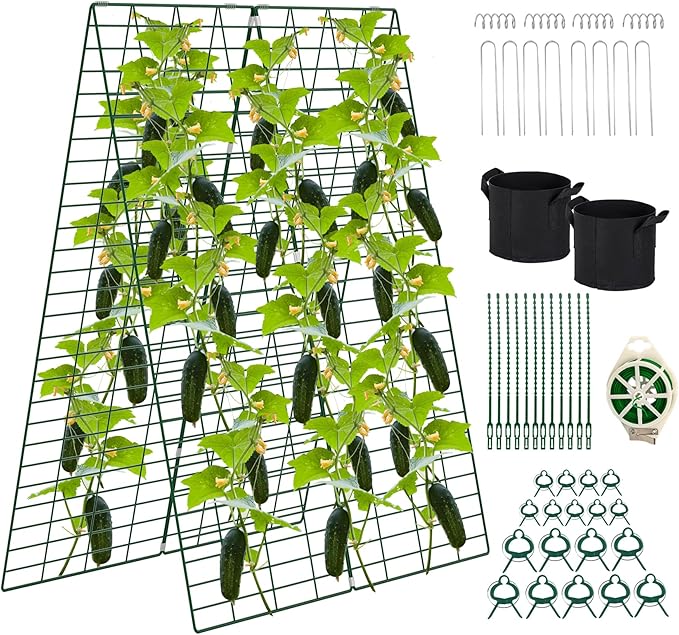 Foldable Cucumber Trellis, 48" L x 34" W A-Frame Trellis, Climbing Plants Support Raised Bed Trellis with Twist Ties & Plant Bags for Outdoor Yards Gardens