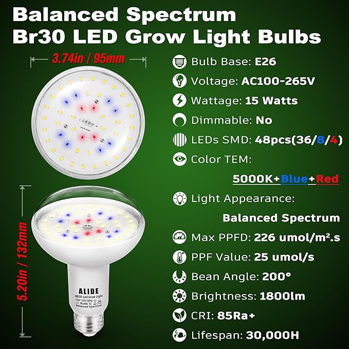 BR30 Led Grow Light Bulbs for Indoor Plants Full Spectrum,E26 BR30 Floodlight Plant Sun Grow Lamp 15W 1800lm,150-200 Watt Equivalent,Balanced Spectrum 5000K Red Blue for Seeds Greens,Flowers,1Pcs