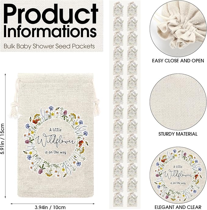Fumete 50 Sets Wildflower Baby Shower Seed Packets Party Favors for Guests Baby in Bloom Favors Decorations Burlap Bags with Drawstring Thank You Cards and Twine, No Seeds (Wildflower)