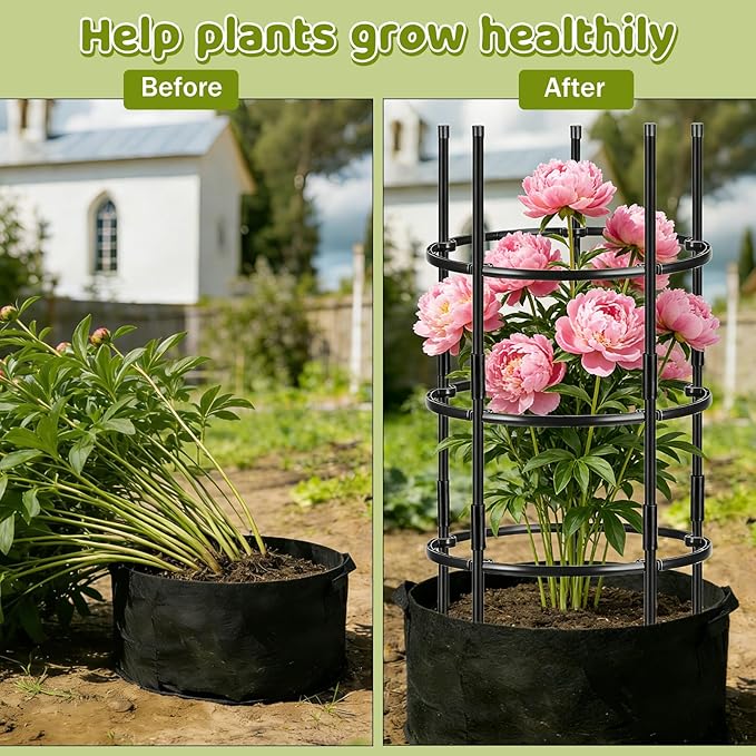 19.5" D x 39" H Peony Plant Support Cage, 3 Tier Stackable Plant Support Ring, Metal Core with PVC Coated Stakes, Garden Plant Support for Peonies Tomatoes and Climbing Plants