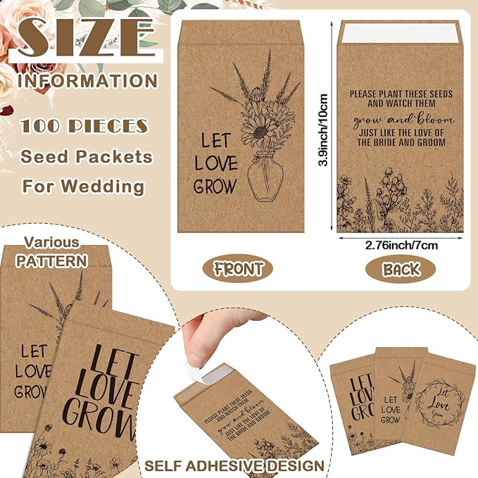 Ireer 101 Set Let Love Grow Boho Wedding Favors for Guests Include 1 Wooden Sign 100 Self Adhesive Seed Packets Kraft Paper Seed Envelopes 100 Let Love Grow Cards 100 Bags for Guest Bridal Shower