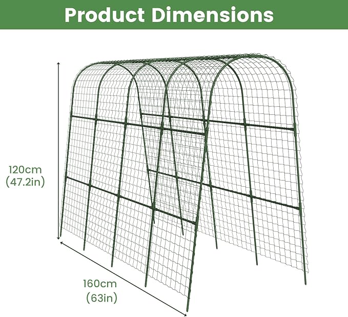 Cucumber Trellis, Metal Garden Arch Trellis for Raised Bed, 63 x 48inch U-Shape Garden Trellis for Climbing Plants Outdoor, Vegetables Fruit Plant Support with Netting, Gardening Supplies (Green)