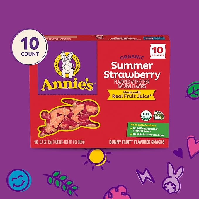 Annie's Organic Bunny Fruit Flavored Snacks, Summer Strawberry, Gluten Free, 10 Pouches, 7 oz