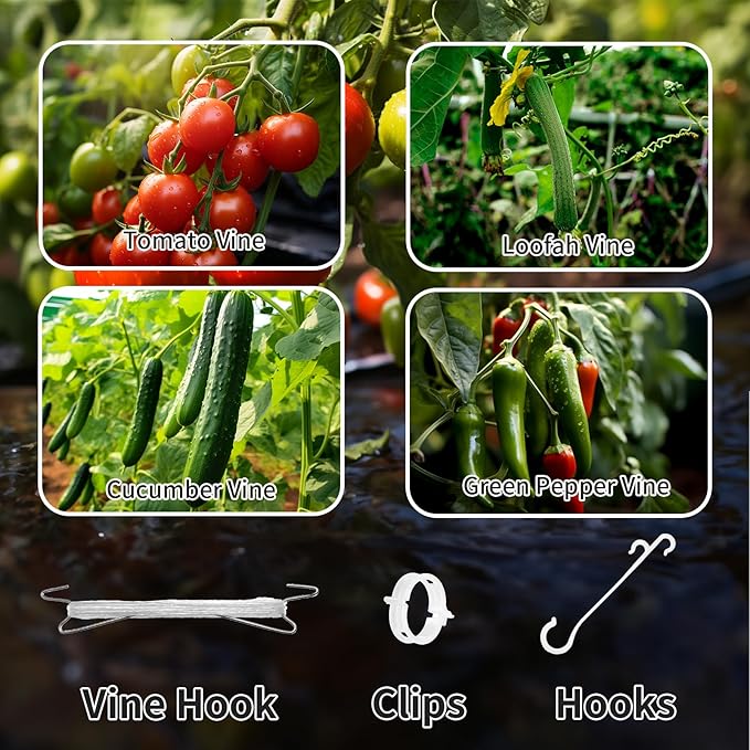 30pcs Tomato Support Hooks with 60pcs Tomato Clips, J Hooks to Prevent Tomatoes from Pinching or Falling Off, Garden Hooks with 33.3ft Twine, Plant Climbing Hooks for Tomatoes Cucumber