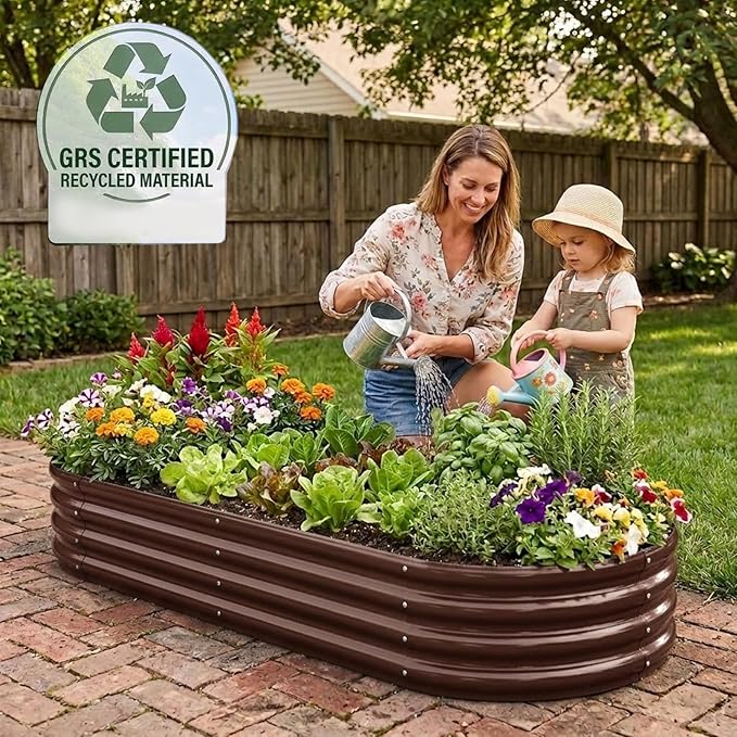 Raised Garden Bed GRS Certified Galvanized Planter Box Outdoor, 5ft Oval Rot-Resistant Metal Garden Bed Planter, Recycled Material Planter for Vegetables Flowers Herbs (Brown)