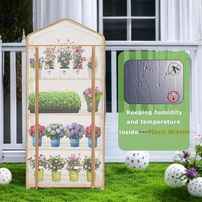 4-Tier Mini Greenhouse – Indoor or Outdoor Gardening Hot House with PE Zippered Cover and Metal Shelves for Growing Vegetables, Flowers and Seedlings 63'' H x 27'' L x 19'' W (PLGH704OWW)