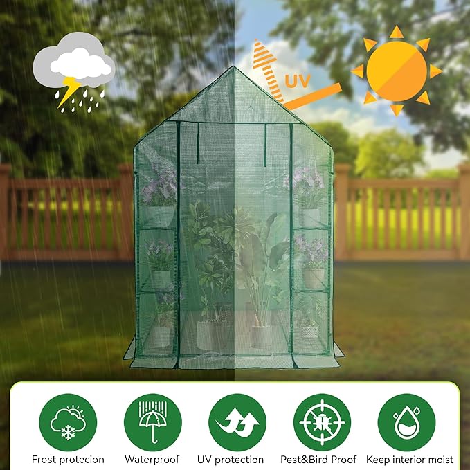 Heyfurni Walk in Greenhouse with Shelves,Walk-in Plant Green House with Durable Green PE Cover, 3 Tiers 6 Shelves Stands with Ground Pegs & Ropes for Stability, 56"x28"x76"
