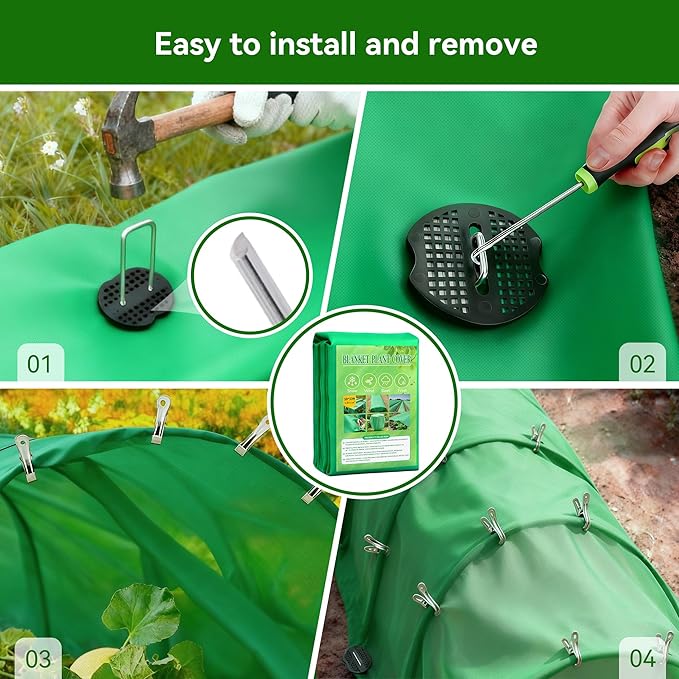 Plant Covers Freeze Protection kit，1.8 oz/yd²-10 ft x 33 ft Thickened Floating Row Cover for Outdoor Plants With 20 clips and 10 stakes staples& gasket & 1 Pick Hook, Winter Frost Protection(Green)