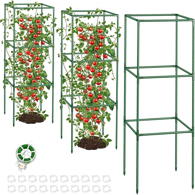 Square Tomato Cages for Garden: 3 Pack Heavy Duty Plant Cage - 48.5in Adjustable Height Tomato Plant Support cage for Flowers, Fruits, Vegetable