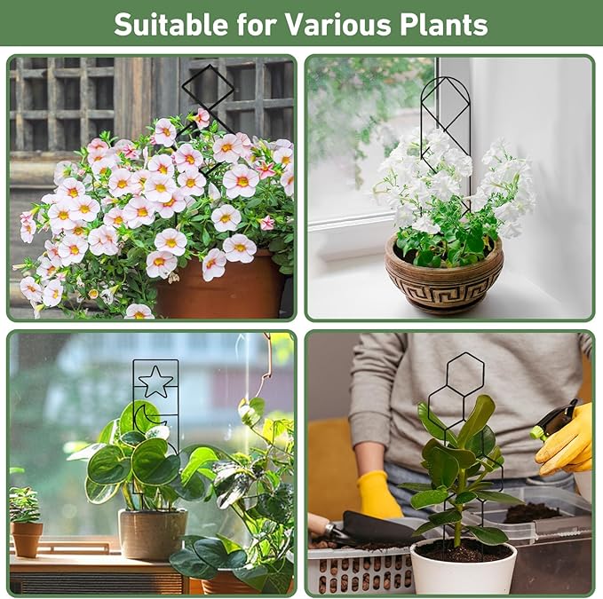 Trellis for Potted Plants, 14.6in Plant Trellis Indoor, Small Houseplant Trellis for Climbing Plants with Ties, Set of 4p Different Shape, Black