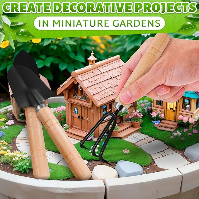 3 Pcs Mini Garden Tools for Gardening – Small Garden Tools Set with Mini Shovel, Small Trowel & Hand Rake, Rustproof Metal Build & Wood Handle – Shovels for Digging, Balcony Pots & Indoor Plant Care