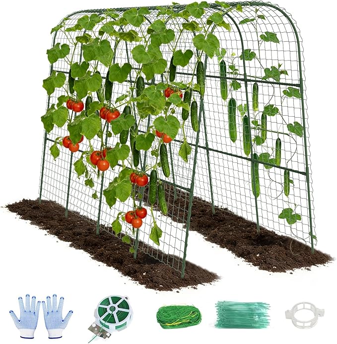 Cucumber Trellis, Metal Garden Arch Trellis for Raised Bed, 63 x 48inch U-Shape Garden Trellis for Climbing Plants Outdoor, Vegetables Fruit Plant Support with Netting, Gardening Supplies (Green)