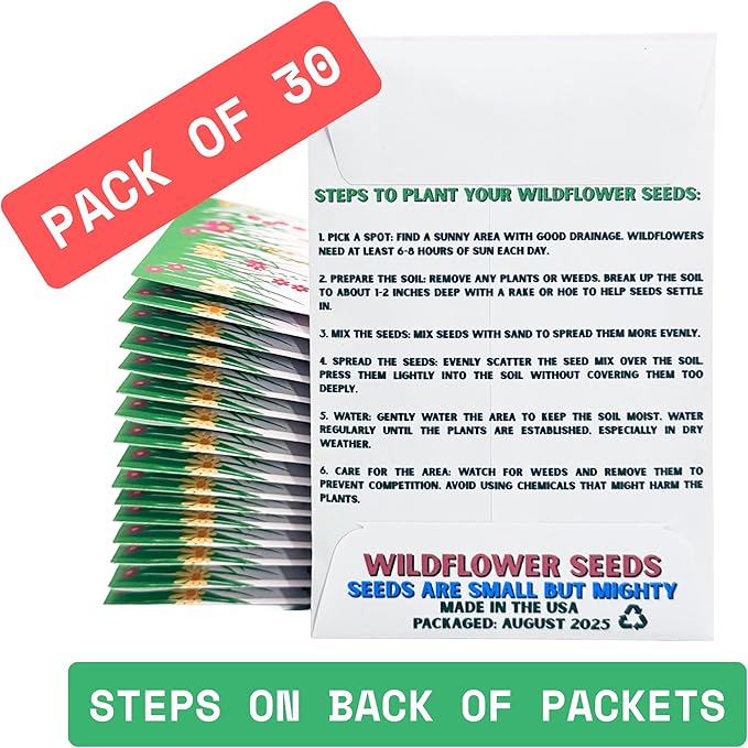 Wildflower Seed Packets Save The Bees Party Favors (Pack of 30) - Bee Friendly & Pollinator Wildflower Seed for Planting Gardening