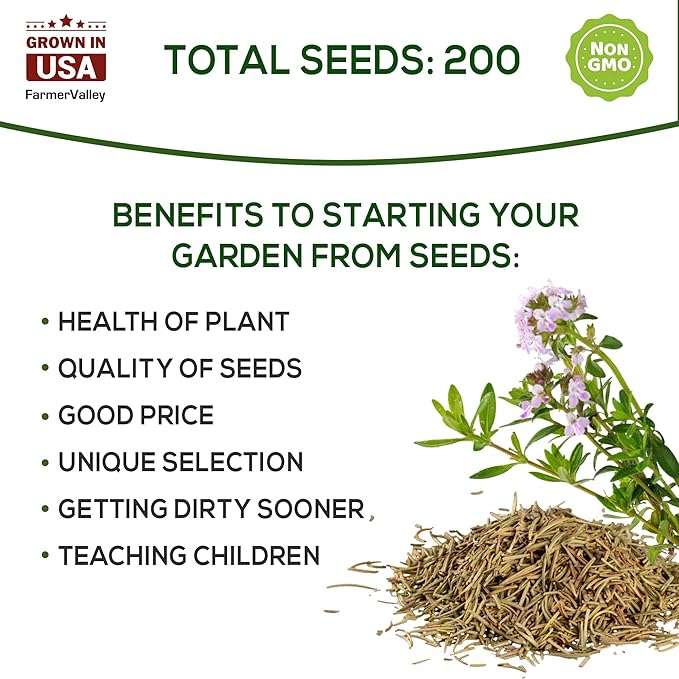 Thyme Seeds for Planting Home Garden Herbs - Non-GMO, Heirloom, Untreated, and USA Grown Variety - Individual Pack of 200+ Heirloom Seeds, Suitable for Outdoors, Indoors, and Hydroponics