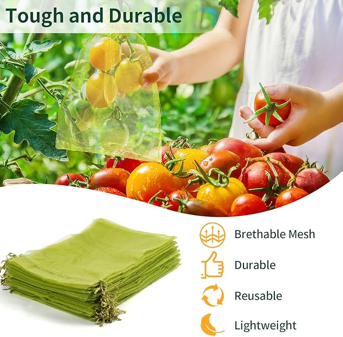 50 Pcs Fruit Protection Bags, 7.5×11.5 Inches Green Fruit Nets for Fruit Tree, Drawstring Mesh Cover Bags to Protect Vegetables Tomato Strawberry Garden