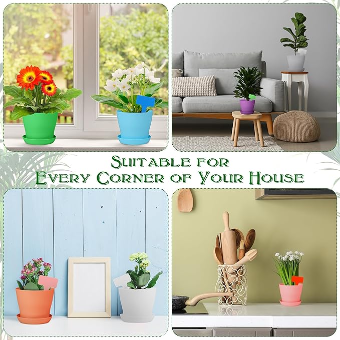 Aodaer 16 Pack 4 Inch Plastic Planters with Multiple Drainage Holes and Tray Indoor Outdoor Flower Plant Nursery Pots with Labels Flower Seedling Pots for Herb Garden Home Succulents, Assorted Colors
