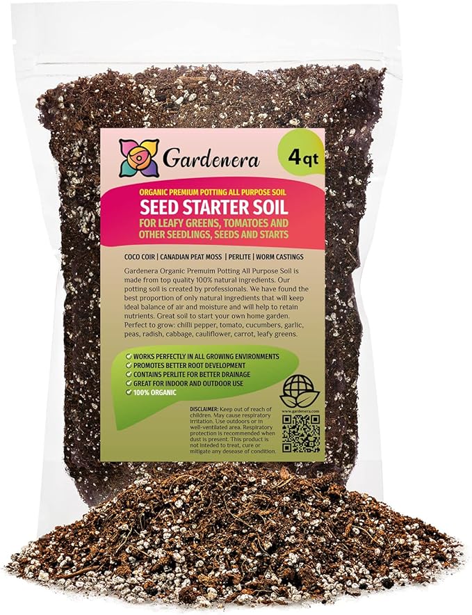 GARDENERA Organic Premium Potting All Purpose Soil - Seed Starter Soil for Leafy Greens, Tomatoes and Other Seedlings, Seeds and Starts - (4 Quart Bag)