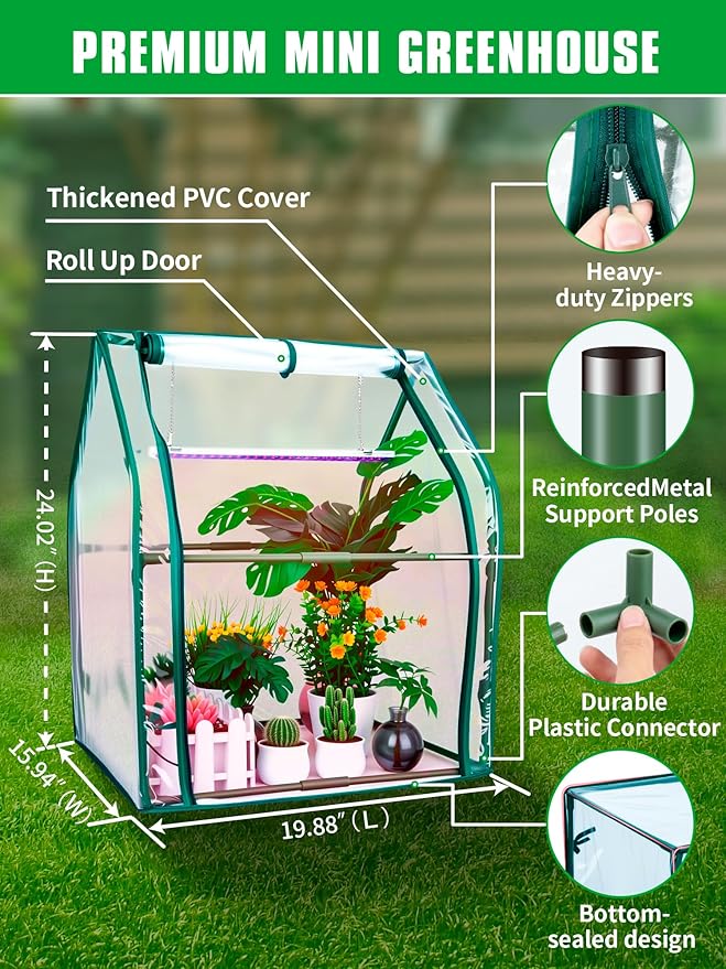 Mini Green House with Grow Light, Mini Greenhouse Indoor, 15W Full Spectrum Plant Lights & Timer for Seed Starter Tray, Indoor Outdoor Plants 24"x16"x20"