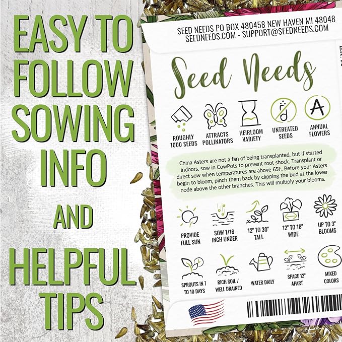 Seed Needs Crego China Aster Seeds for Planting - Heirloom & Untreated - Grow a Butterfly Garden with a Mixture of Colorful Cut Flowers to Pair with Zinnias (5 Packs)