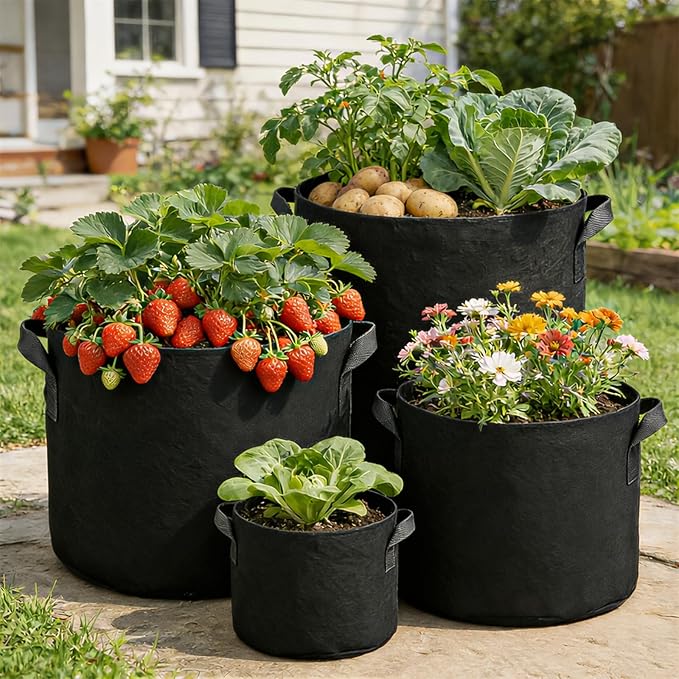5 Pack 10 Gallon Thickened Grow Bags, Aeration Nonwoven Fabric Planting Bags with Handles, Heavy Duty 300G Garden Planter Pot for Tomato, Potato, Strawberry, Vegetable, Fruits and Flowers