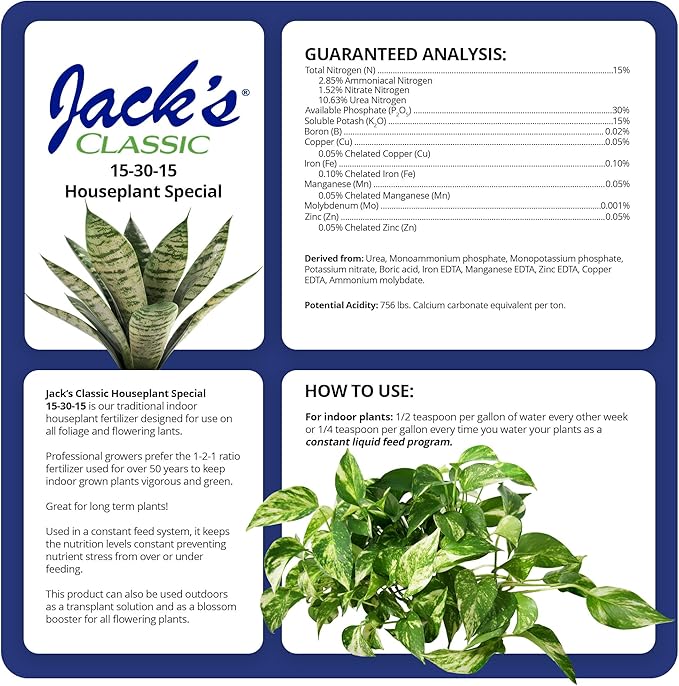 Jack's Classic 15-30-15 Houseplant Special Water-Soluble Fertilizer with Micronutrients to Green-Up and Increase Blooms in Houseplants, 8oz