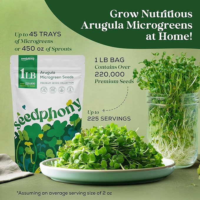 Arugula Sprouting & Microgreens Seeds - 220,000 Non-GMO Heirloom Seed, 1lb Resealable Bag - High-Germination Arugula Seeds for Sprouting in Jars, Soil, Hydroponics & Microgreen Trays