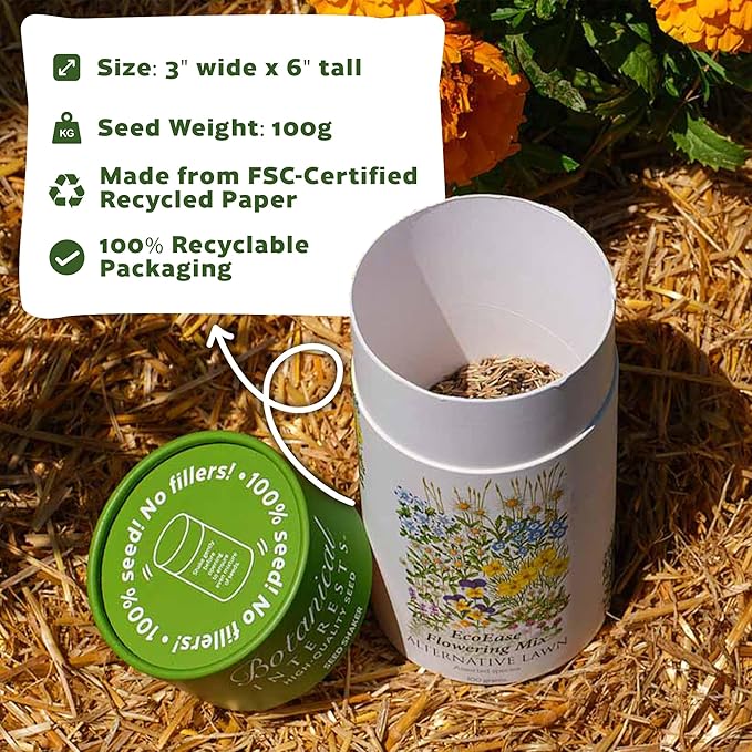 Botanical Interests EcoEase Flowering Mix Alternative Lawn Seed Shaker – Covers 1,000 sq ft, Low-Maintenance Wildflower Blend, Perfect for Pollinators, Drought-Tolerant, Eco-Friendly Packaging