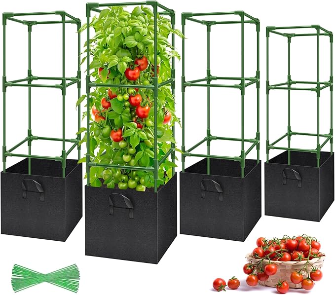 Legigo 4 Pack Tomato Cages with 17 Gallon Grow Bags- 47 Inch Square Tomato Cages for Garden, Heavy-Duty Tomato Stakes Plant Support Cages Trellis for Garden Vertical Climbing Plants Vegetables