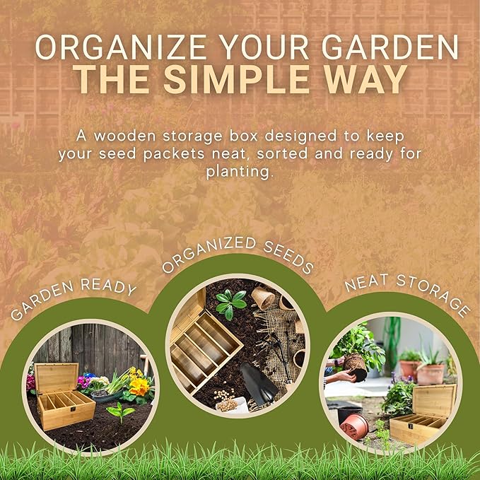 Nimpro Bamboo Garden Seed Storage Organizer Box, Wooden Seed Box with Removable Dividers, Metal Handle and Latch, Seed Keeper Organizer for Garden Seed Packets and Storage (10.59 x 7 x 5.12 in)