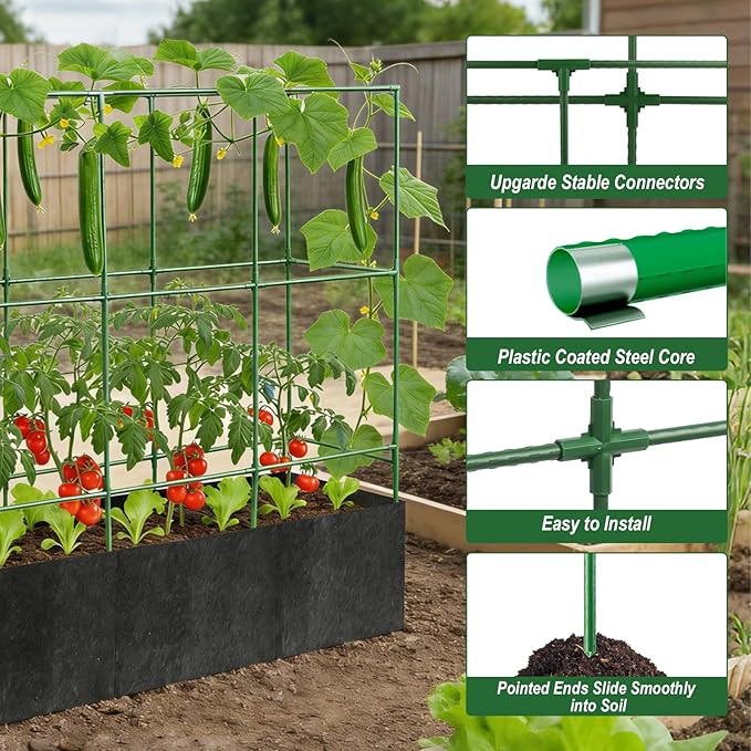Cucumber Trellis with 46 Gallon Grows Bag, 51x17x65Inch Squar Outdoor Indoor Greenhouse Tomato Cage, Garden Trellis with Plant Support Clips for Climbing Plants Squash, Vegetables, Pumpkin, Pea, Grape
