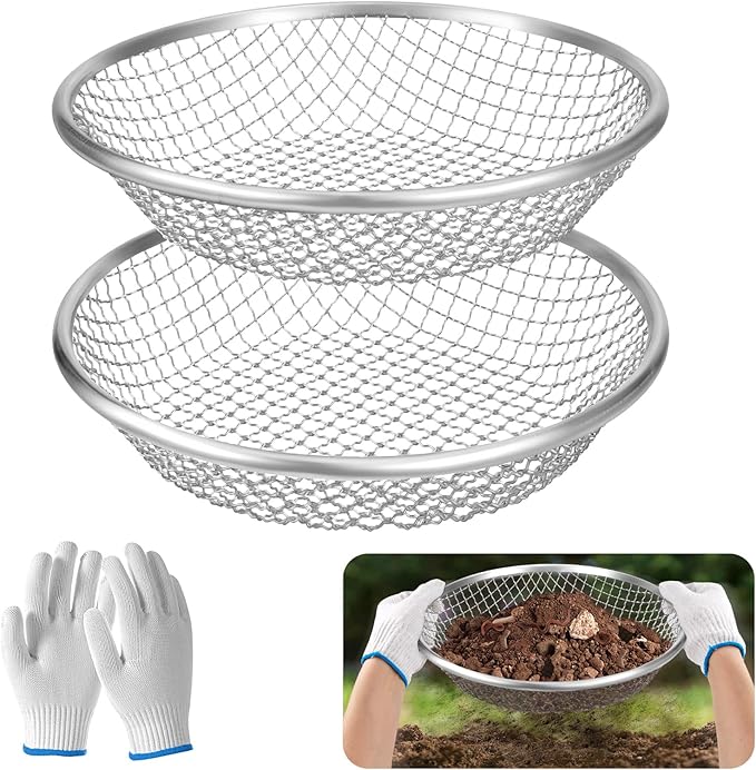 2PCS 3/8 Inch Mesh Soil Sifter for Gardening,Compost Sifter for 5 Gallon Buckets,Garden Sieve Rock Sifters for Captures Dirt Rocks Sawdust,Includes Gloves
