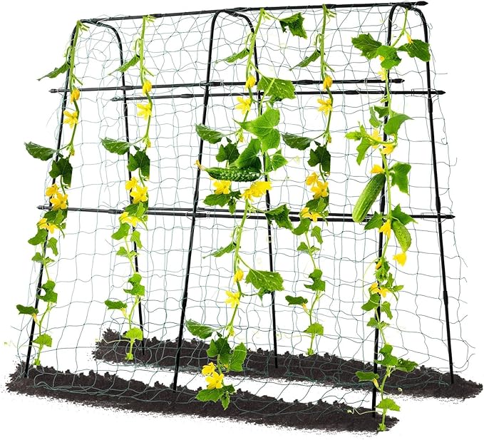 Garden Trellis for Climbing Plants Outdoor, Metal Cucumber Trellis Plant Support for Outdoor Vegetables Fruits Flowers Vines Cucumber Trellis Raised Bed, with Nylon Netting, 63" Hx 63" L, Black