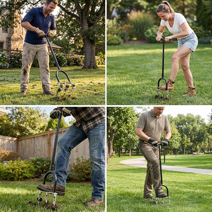 Manual Lawn Aerator Tool, 3 Hollow Tines Plug Lawn Core Aerator, Heavy Duty Hand Soil Aerator Tool with Adjustable Handle, Grass Aeration Garden Tools for Lawn Care, Compacted Soil, Yard
