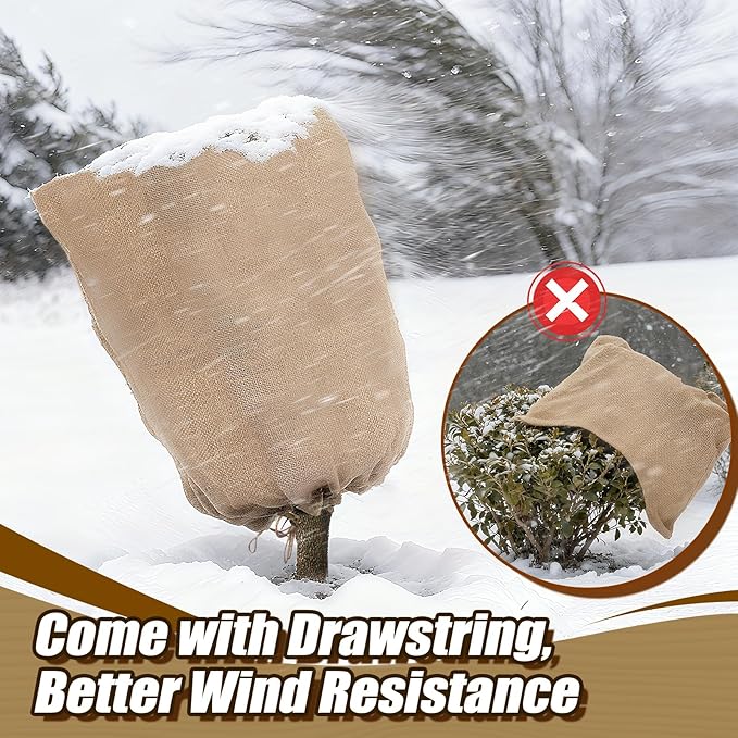 ANPHSIN Burlap Plant Covers Freeze Protection for Patio Winterizing - 2pcs 32"×40" Winter Frost Protector with Drawstring, Reusable Tree Freeze Blanket for Garden Bushes