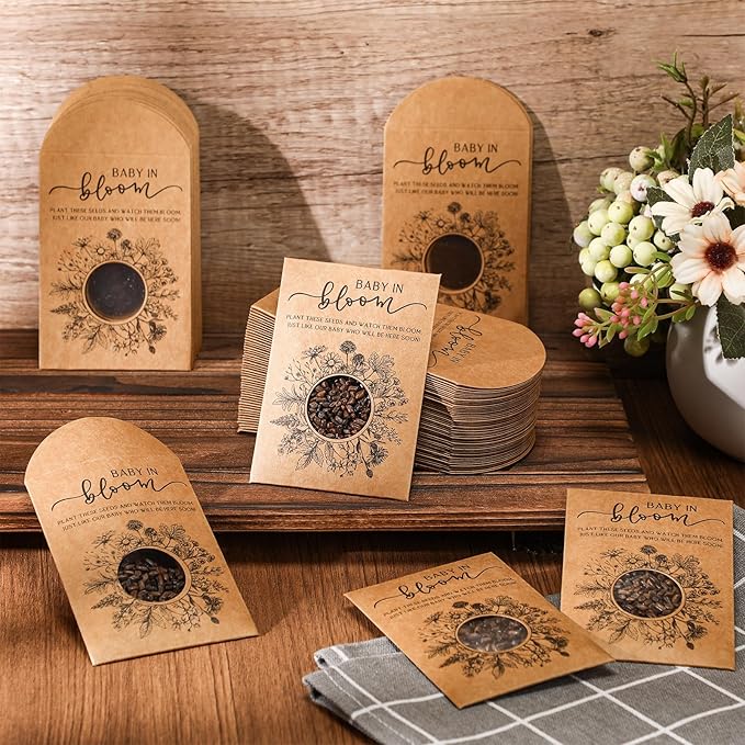 Fumete 25 Pack Baby Shower Party Favor Baby in Bloom Packet Kraft Bags with Window Envelopes Resealable Organizer Storage Bag for Gender Reveal Party Favors(Plant)