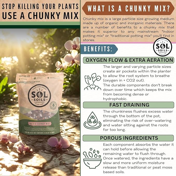 Sol Soils Chunky Orchid Potting Mix - 100% Peat-Free, Lightweight, and Aerated with Coconut Husk, Perlite & Recycled Forest Products for Fast Draining, Healthy Orchids - 2 Quarts