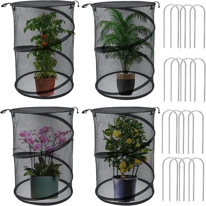 4 Pack Pop up Plant Covers Tent from Animals, 20"H X 13"D Insect Barrier Mesh Plant Guard Cover Net Black Garden Plant Protectors Mini Greenhouse Plant Protection Cage with Stakes for Outdoor Plants